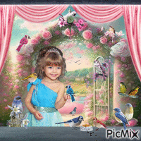 Little girl with birds - Безплатен анимиран GIF