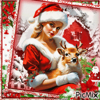 Femme de Noël et son cerf en hiver / concours - GIF animé gratuit