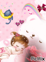 LITTLE GIRL LAYING ON A BIG WHITE TEDDY BEAR, SPARKLES IN HER HAIR, A RED ROSE, CAT IN MOON CRESCENT, RAINBOW, PINK STARS. - Gratis geanimeerde GIF