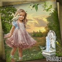 Das kleine Mädchen und die Vögel - GIF animé gratuit
