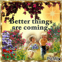 A LITTLE BOY AND GIRL PICKING FLOWERS OUT IN A FIELD WOTH THEIR DOG, THE SUN IS HOT, THERE ATE LITTLE BLUE AND OTHER COLORS, OF SMALL BUTTERFLIES.THEY ARE RUNNING UP THE HILL. - Free animated GIF