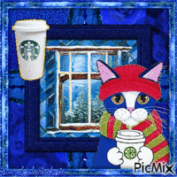 {{Blue Wintertime Cat with Coffee}} - Bezmaksas animēts GIF