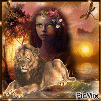 portrait de femme avec un lion - Бесплатный анимированный гифка
