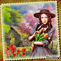 Женщина с тюльпанами animoitu GIF