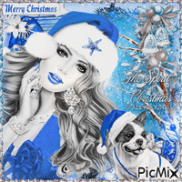Merry Christmas. Woman, dog, blue hat animovaný GIF