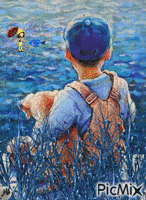 Un niña y su pez. Un niño y su perro - Free animated GIF