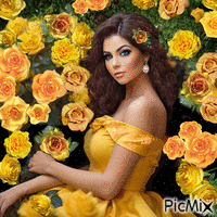 конкурс  Brunette en jaune avec des fleurs jaunes GIF animé