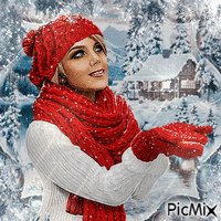 mujer de rojo en la nieve GIF animé