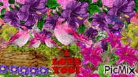 PURPLE AND PINK FLOWERS, A LOGWITH 2 BIG PINK BIRDS AND 2 LITTLE PINK BIRDS, AND A RED I LOVE YOU COMEING OUT THE END OFTHE LOG. - GIF animado gratis