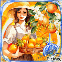 Femme avec des oranges et une touche de bleu GIF animé