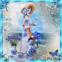 Fille sur fond bleu bouquet de fleurs bleues