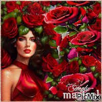 Porträt einer Frau und roter Rosen - Безплатен анимиран GIF