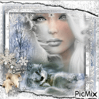 Femme et loup en hiver - Tout en blanc GIF animé