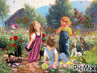 CHILDREN PLAYING IN THE FLOWER GARTEN, WITH BUTTERFLIES, THEIR CATS AND DOGS. - GIF animado grátis