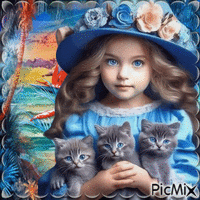 Enfant avec les chats - 免费动画 GIF