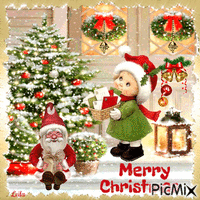 Merry Christmas. Girl with christmaslettersr アニメーションGIF