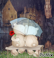 2 little bears sitting on the bench watching the rain coming down - GIF animasi gratis