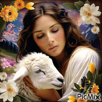mujer con oveja GIF animé