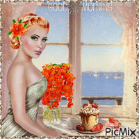 Good morning. Woman, window, coffee GIF animasi