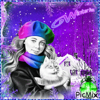 Girl with a cat in winter - Free animated GIF