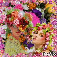 Women and multicolored flowers - Free animated GIF
