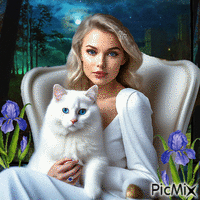 Femme blonde et chat blanc Gif Animado