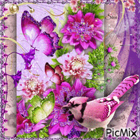Fleurs avec des papillons et un petit oiseau анимированный гифка