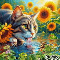 Eine Katze am Teich - Gratis geanimeerde GIF
