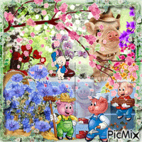les petits cochons dans les fleurs - GIF animé gratuit