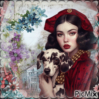 Vintage fille avec son chien - GIF animé gratuit