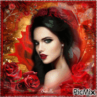 Femme avec des fleurs rouges - Бесплатный анимированный гифка