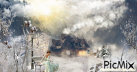 winter lodge tree woman house - GIF animé gratuit