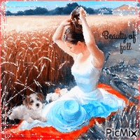 Beauty of Autumn/Fall2. Woman and dog in the fields animált GIF