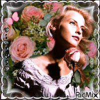 EMELINE - Femme avec des roses roses... 🤍❣💗❣🤍 - GIF animé gratuit