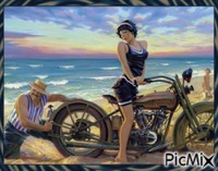 Journée à la plage avec une moto - Vintage. - Бесплатный анимированный гифка