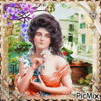Mujer vintage de primavera con un ramo - GIF animé gratuit