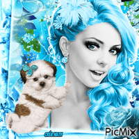 Femme et son chien en turquoise - GIF animé gratuit