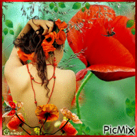 woman,poppies end ladybugs - GIF animado grátis