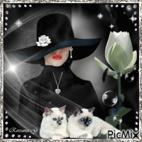 Lady whith black hat & her cat - GIF animé gratuit