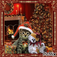 Weihnachtskatze und Teddybär анимиран GIF