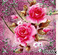 PRETTY PINK SPARKLIE FLOWERSSITTING ON 3 PINK FEATHERS, AND A BACKGROUND OF SPARKLING PINK WITH A GREEN ABD PINK FRAME. - Gratis geanimeerde GIF
