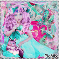 Mädchen und Katze - Rosa- und Blautöne - 無料のアニメーション GIF