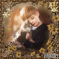 Little Boy and his Cat - GIF animado grátis