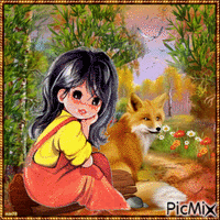fille et renard - GIF animado grátis