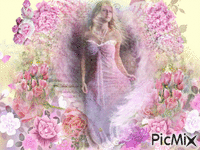 PRETTY ANGEL DRESSED IN PINK AMONG PINK FLOWERS AND SPARKLES. - GIF animado grátis