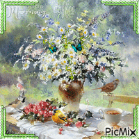 Good morning. Its coffetime in the garden 动画 GIF