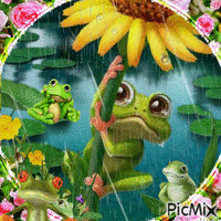 Lluvia de primavera y rana - Бесплатный анимированный гифка