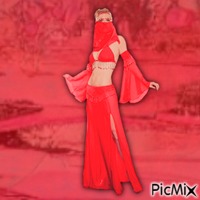 Red suited girl genie in desert animovaný GIF