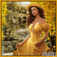 Brunette en jaune avec des fleurs jaunes.