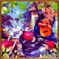 Femme sur une moto avec une guitare...concours - GIF animé gratuit